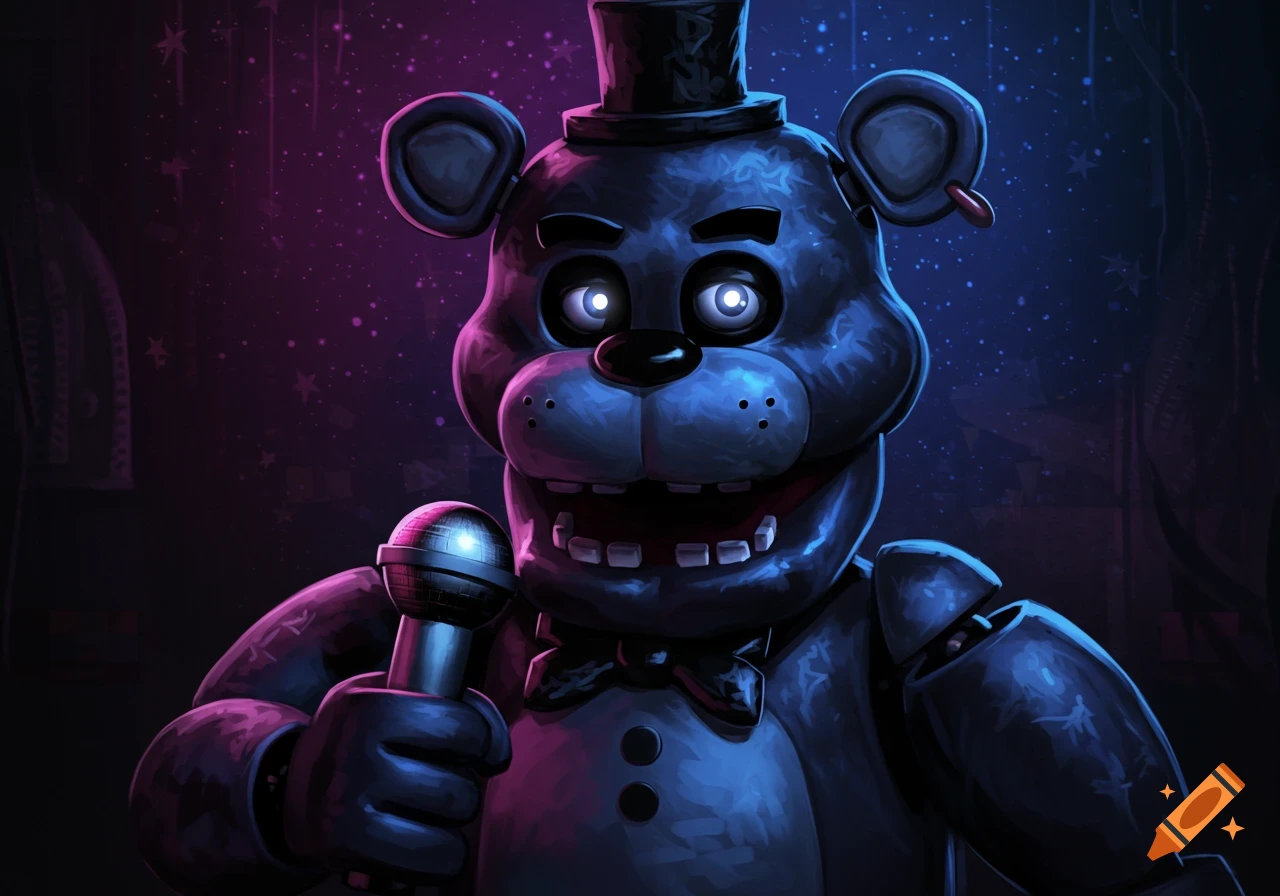 A stylized illustration of a blue-purple animatronic bear, Freddy Fazbear, with glowing eyes, holding a microphone.