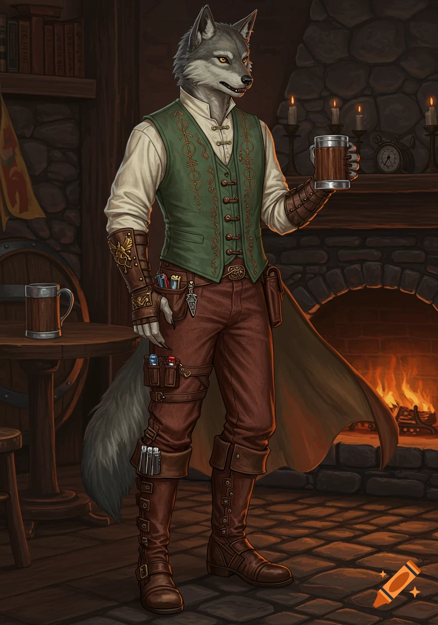 An anthropomorphic wolf character, wearing a green vest and brown pants, stands in a warmly lit tavern holding a mug.