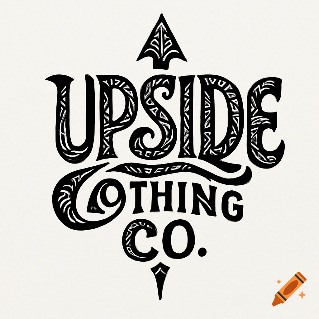 Black and white calligram logo for UPSIDE CLOTHING CO. with West Indian tribal patterns and decorative arrows.