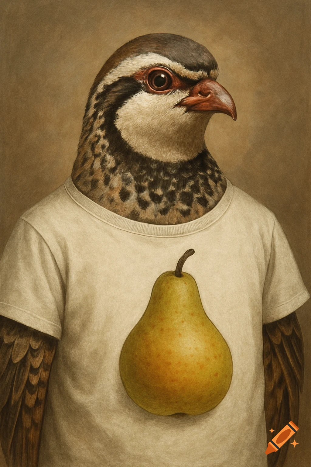 A detailed painting of a partridge wearing a white t-shirt with a realistic pear depicted on the front.
