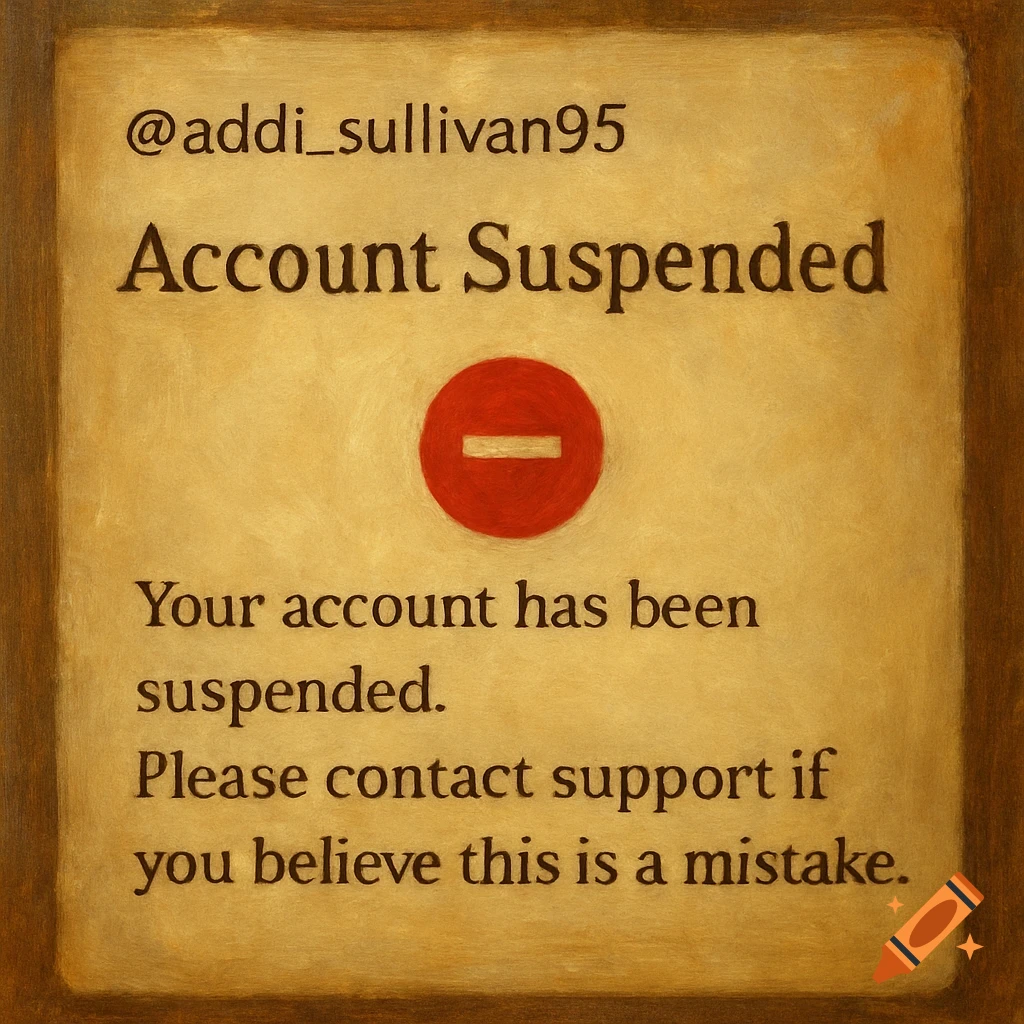 An "Account Suspended" message for @addi_sullivan95 with a red stop sign icon on a textured, old paper-like background.