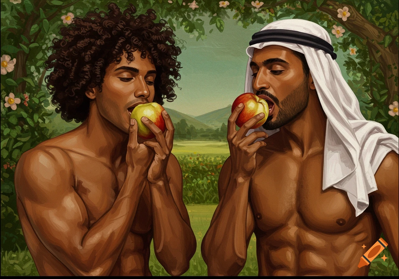 Renaissance painting of two shirtless men with dark skin eating apples in the Garden of Eden.