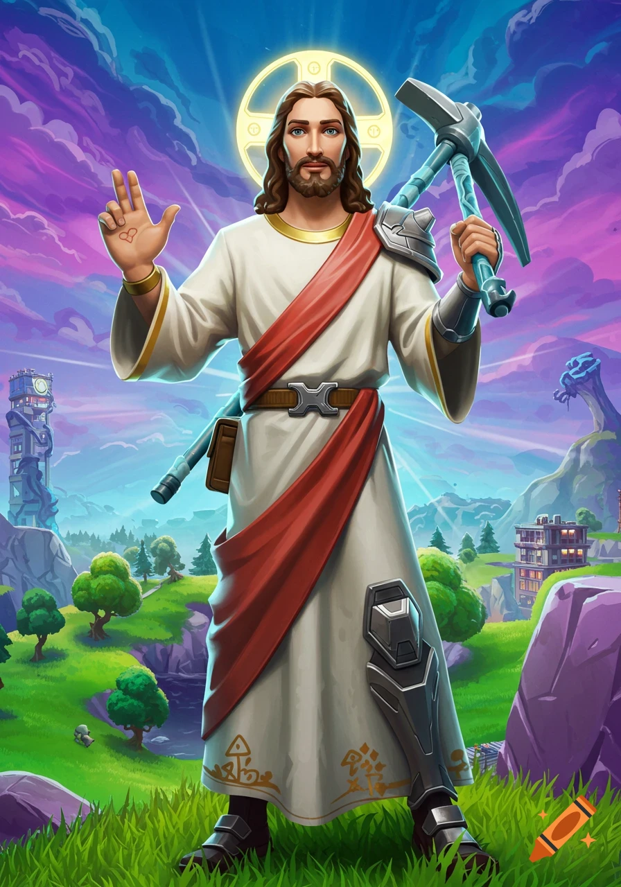Jesus Christ in Fortnite style, holding a pickaxe and wearing armor, standing in a vibrant, cartoon landscape.