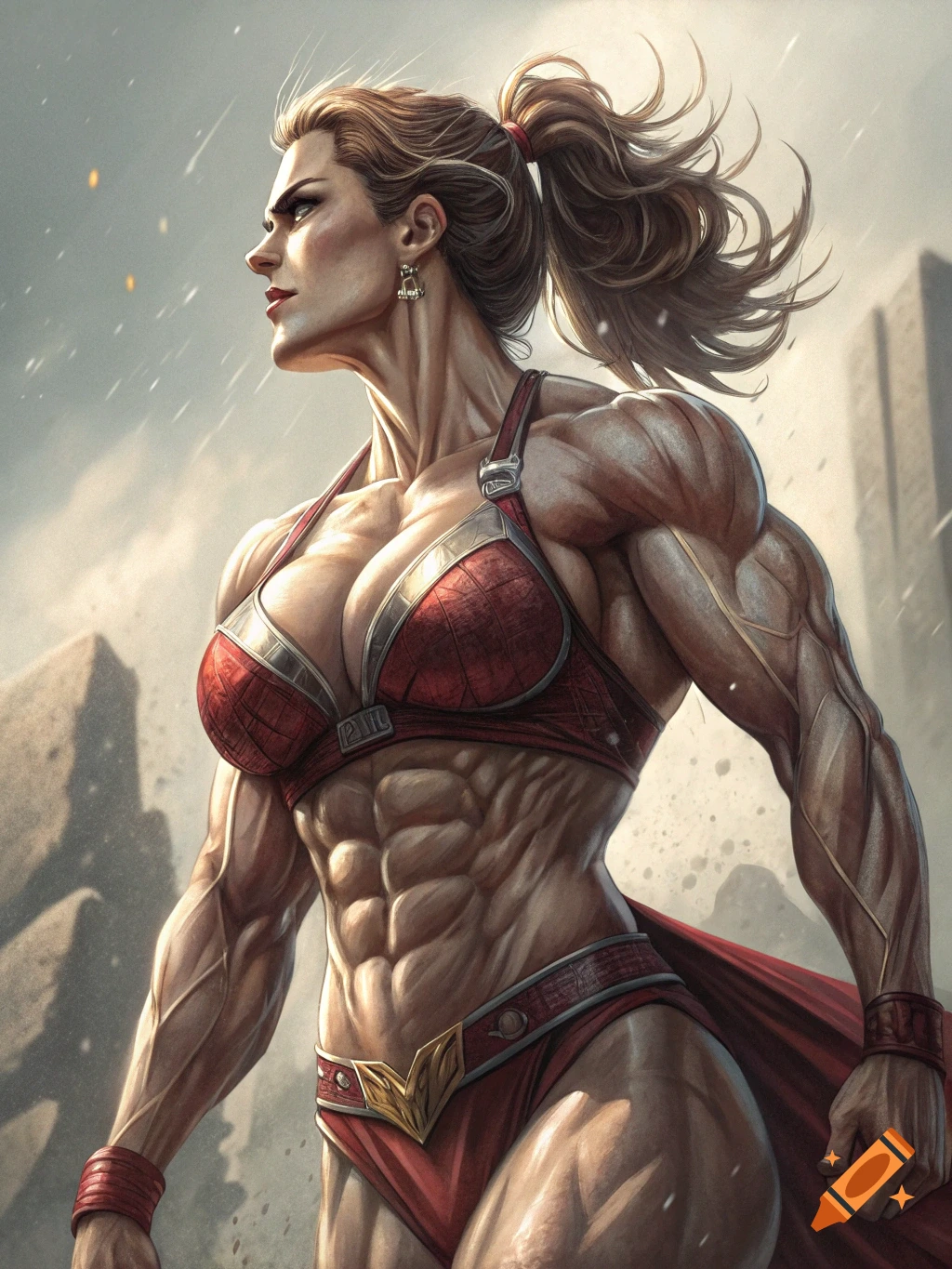 A powerfully muscular woman in a red bikini top and briefs with a cape, standing outdoors.