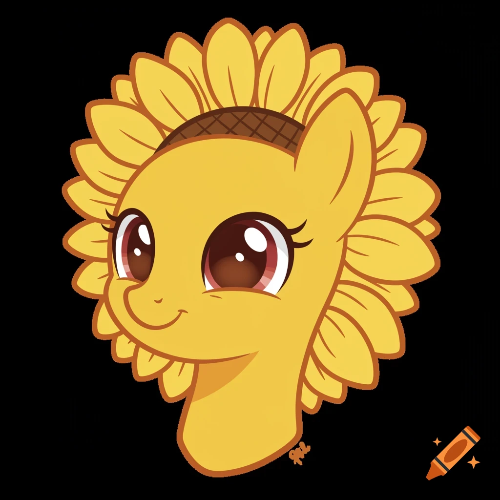 Cartoon head of a yellow pony with large eyes, surrounded by sunflower petals.