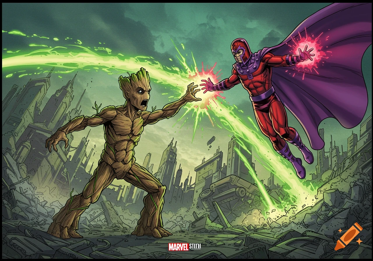 Groot and Magneto battle with green and purple energy blasts in a ruined city, comic book style.