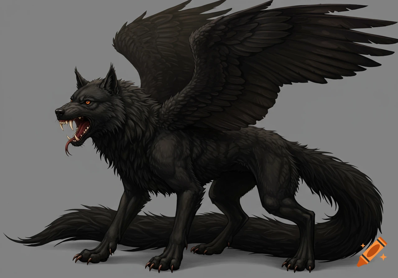 A snarling black winged wolf-like creature with red eyes and prominent fangs stands on a gray background, its tail coiled.