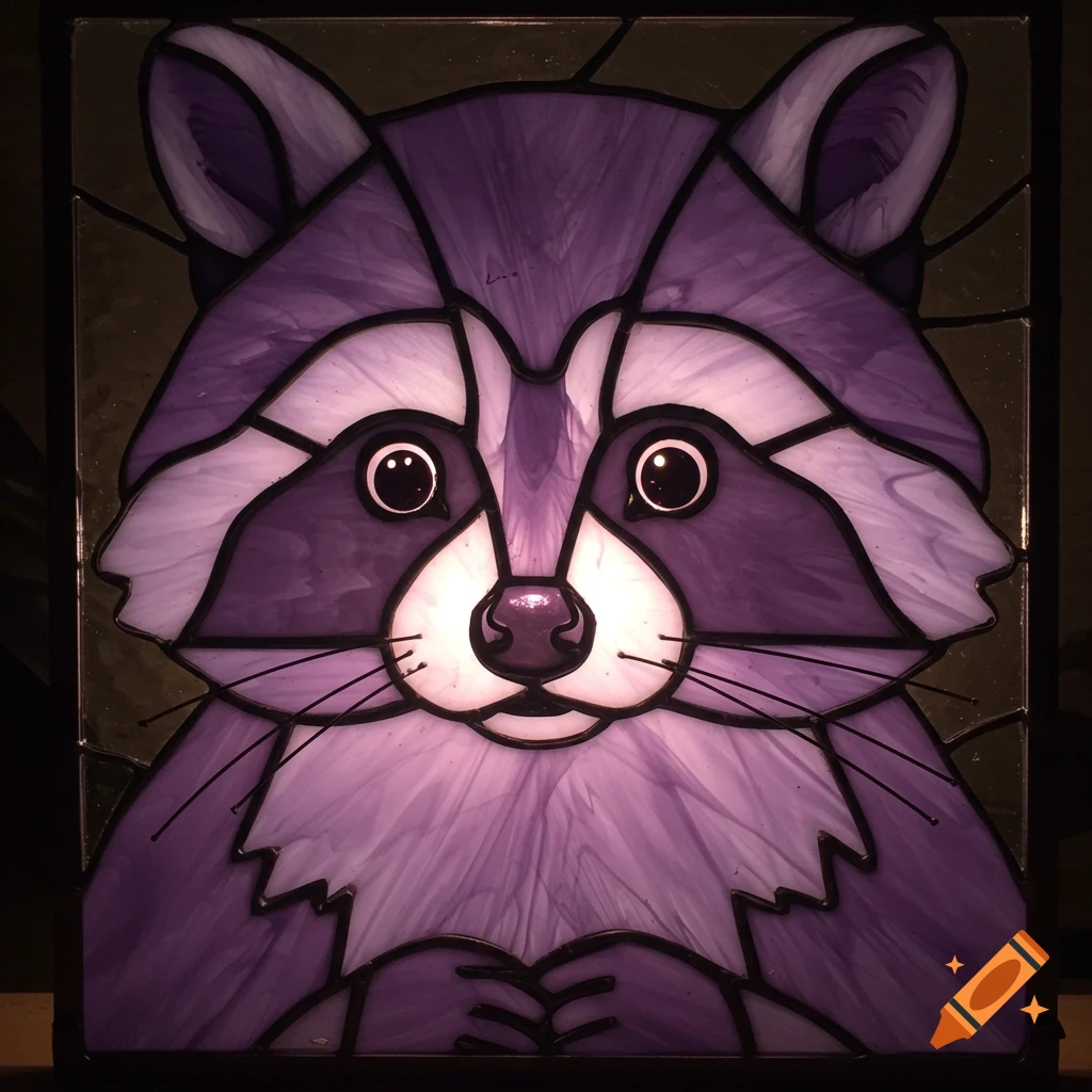 A lavender and white stained glass art piece depicting a cute raccoon with large eyes.