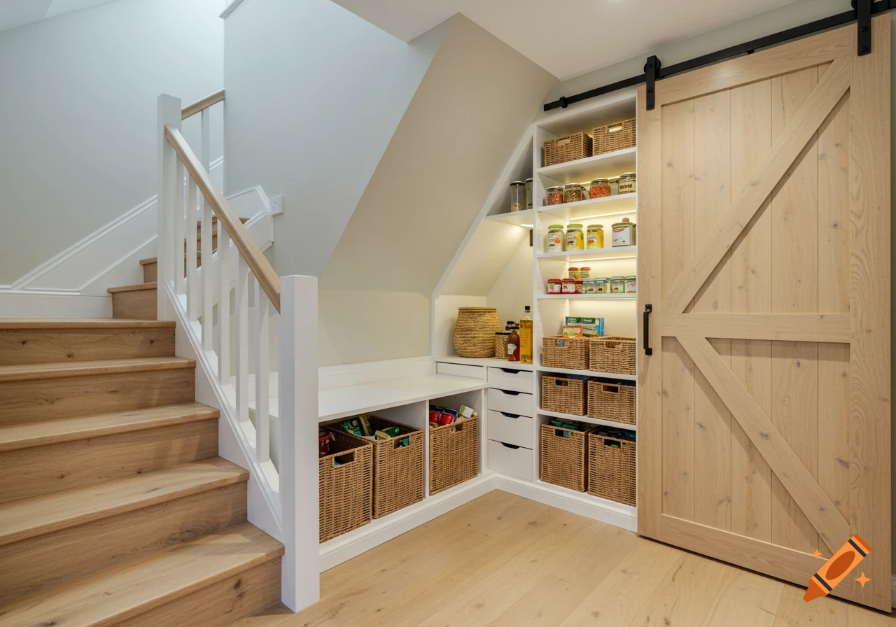 A modern under-stair pantry with white shelves, wicker baskets, and a light oak barn door next to wooden stairs.