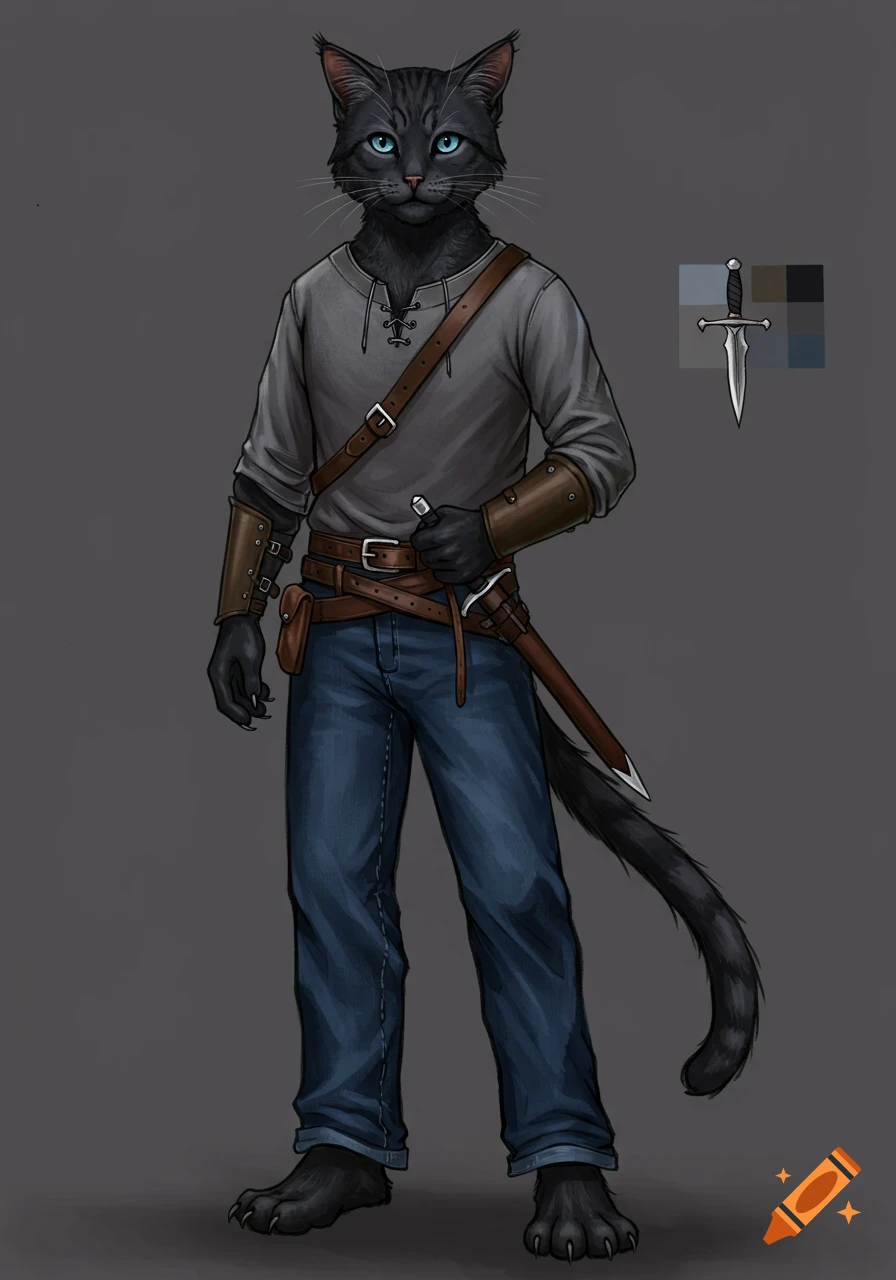 A black anthropomorphic cat with light blue eyes wears a gray shirt, blue jeans, and a belt with a sword and dagger. Digital illustration.