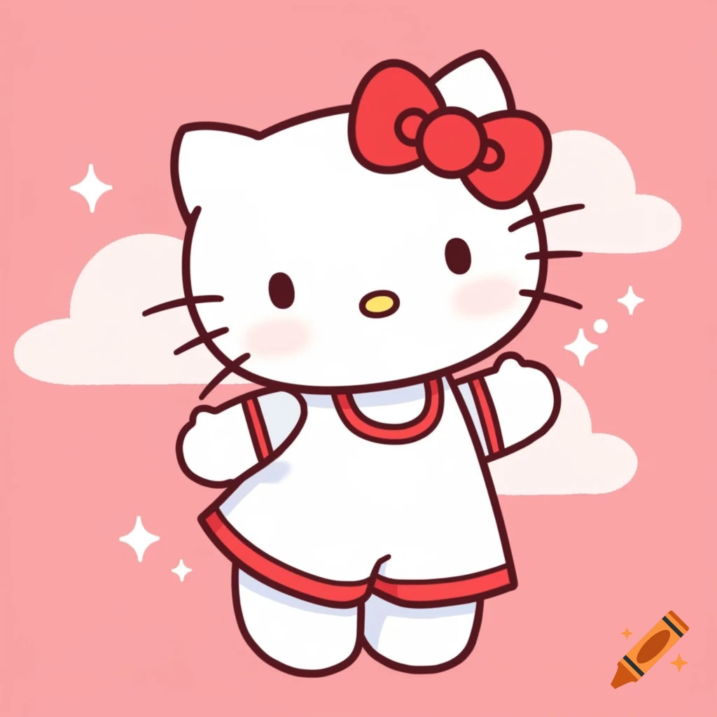 Hello Kitty in a white and red outfit standing on a pink background with clouds and sparkles, cartoon style.