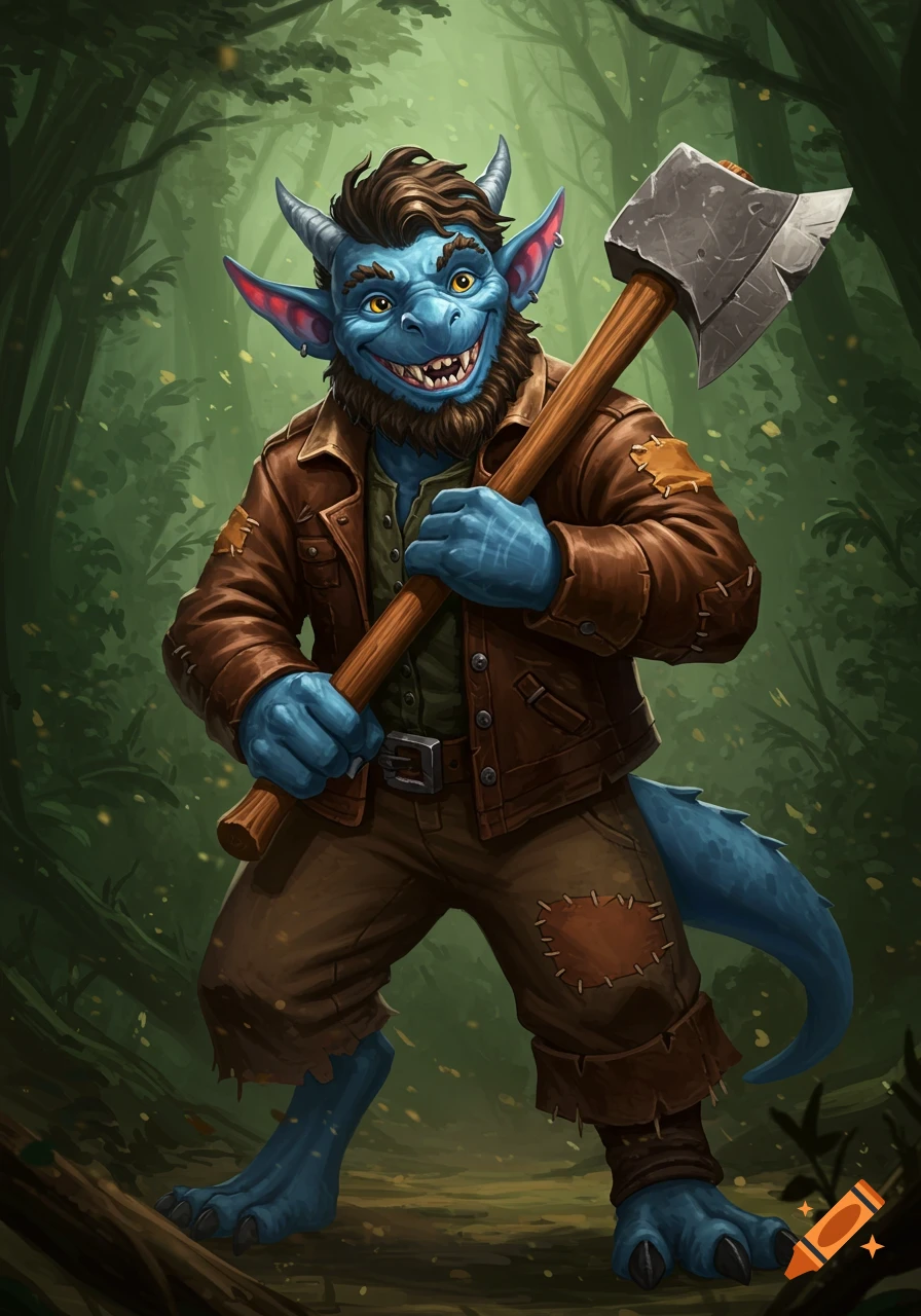 A smiling blue kobold-like creature with horns and a beard, wearing a brown jacket, stands in a forest holding a large axe.