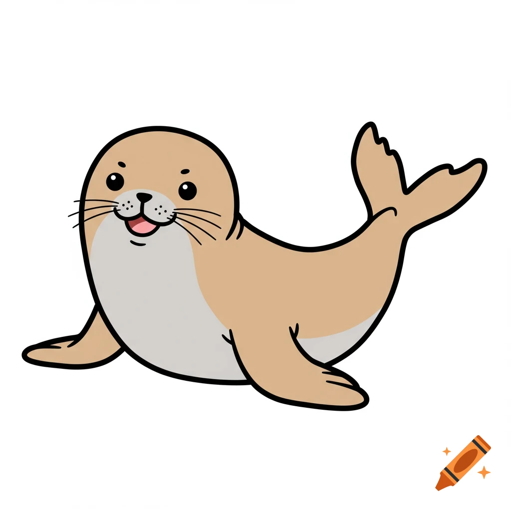 A cute brown and white cartoon seal with black eyes and whiskers, smiling  on a white background. on Craiyon