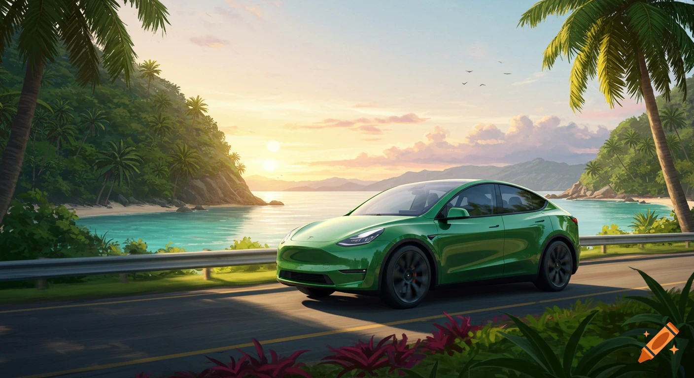 A green Tesla Model Y drives on a coastal road next to a tropical beach with palm trees at sunset.
