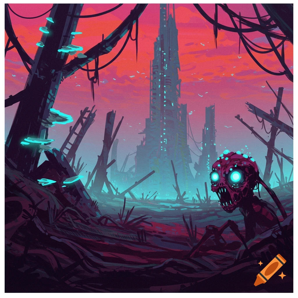 A monstrous, glowing-eyed creature in a desolate, post-apocalyptic landscape with towering ruined buildings under a vibrant sky.