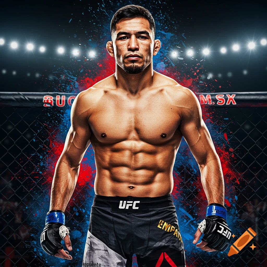 A muscular MMA fighter in UFC shorts and gloves stands in a fighting cage with red and blue paint splatters in the background and stadium lights overhead. He looks directly at the viewer.