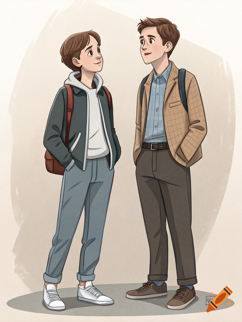 Two young men in a cartoon style stand facing each other, one in a grey jacket and red backpack, the other in a plaid blazer.