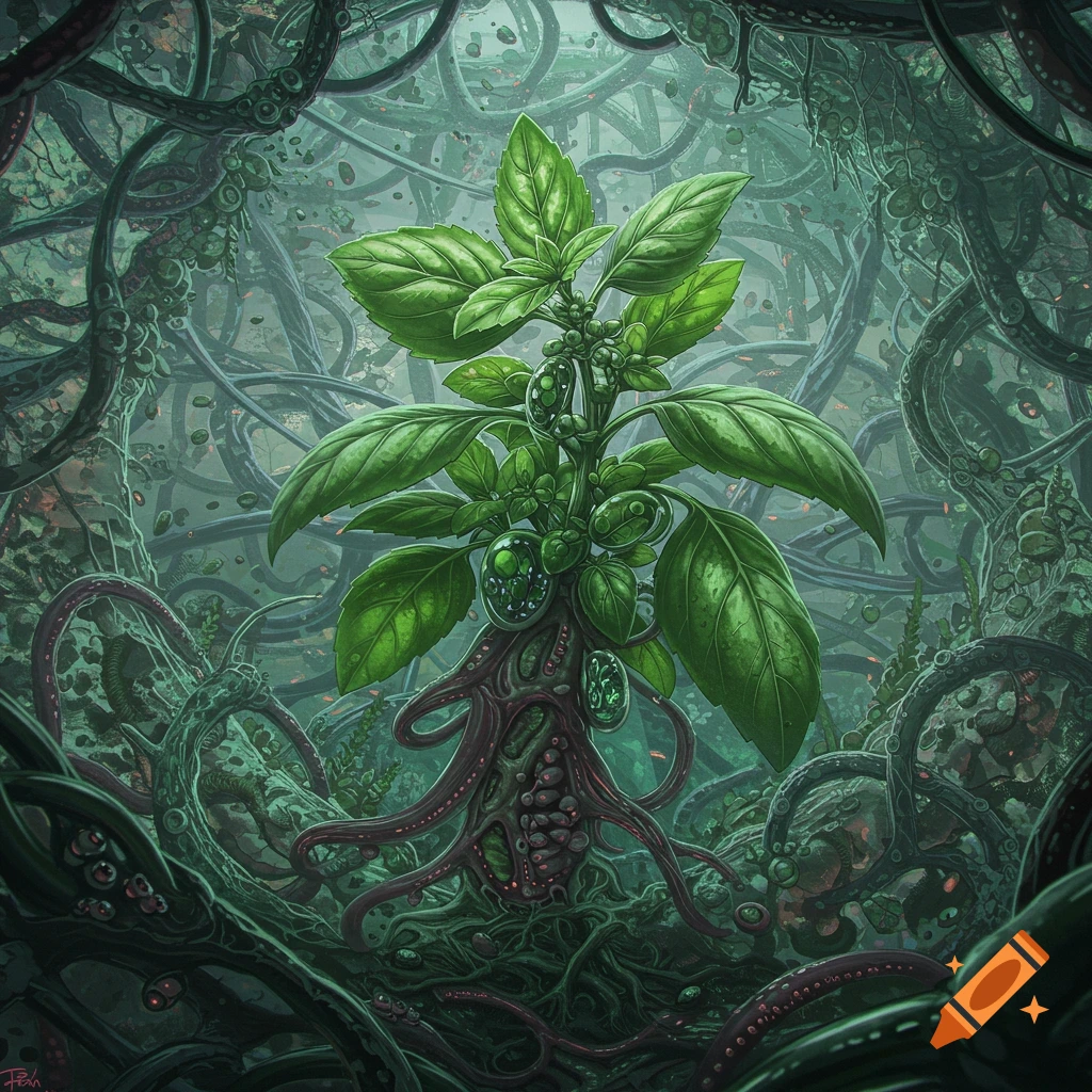 A dark fantasy illustration of a mutated basil plant with vibrant green leaves and tentacle-like roots, surrounded by a dense, organic, and misty jungle of tubes and tendrils.
