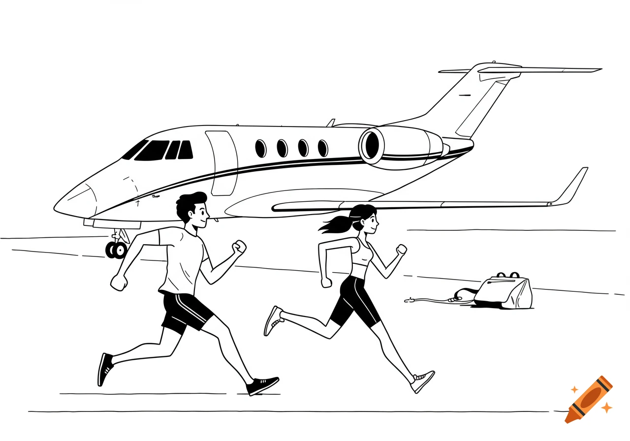 A black and white cartoon illustration of a man and a woman in gym wear running on an airport tarmac towards a private jet.