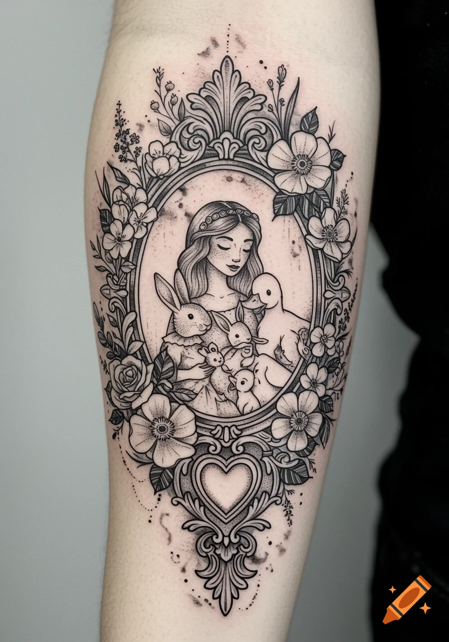 Black and grey illustrative tattoo on an arm showing a woman in an ornate floral frame holding rabbits and ducklings.