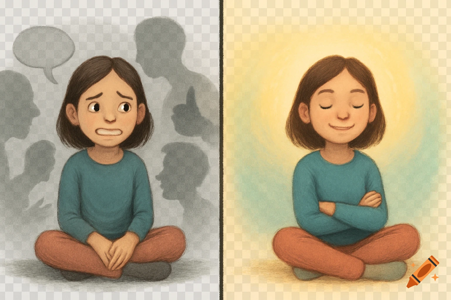 An illustration of a girl in a split-screen, showing anxiety from social pressure on the left and peaceful confidence on the right.