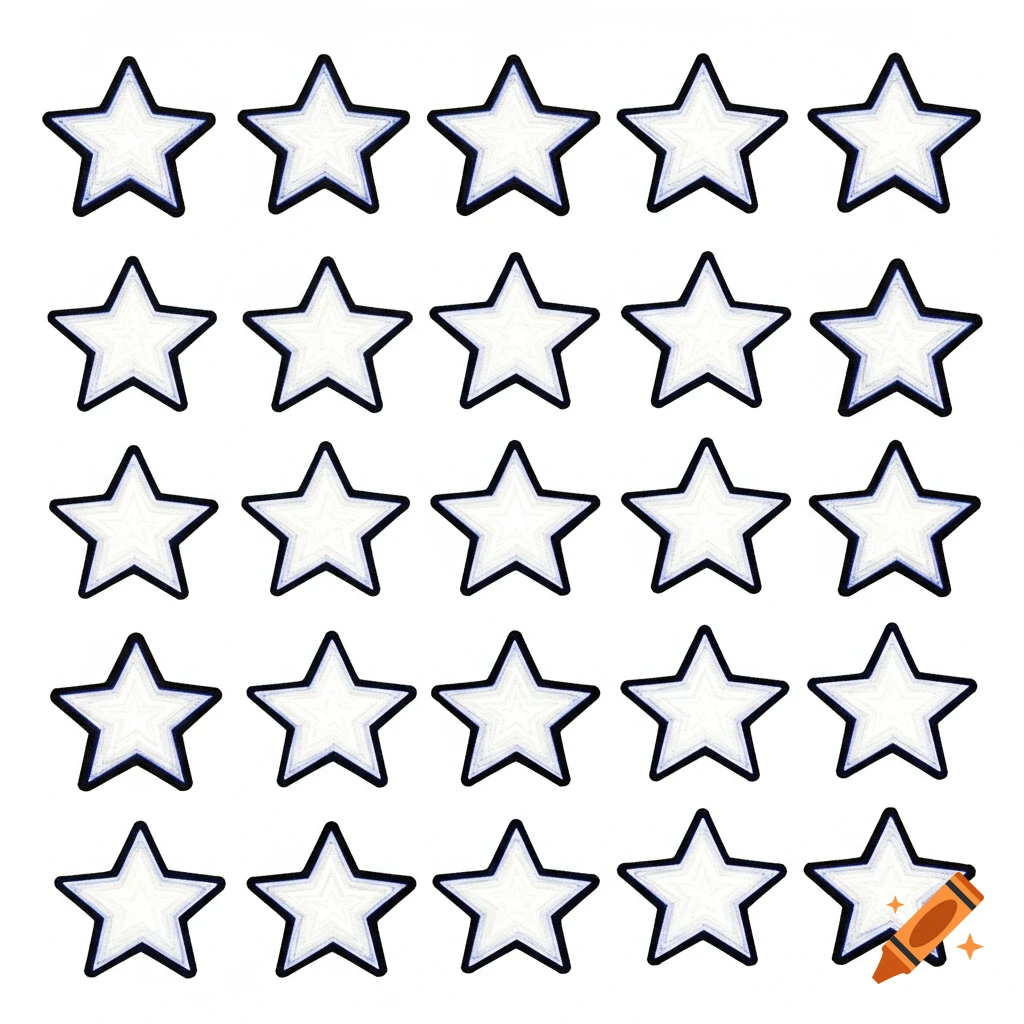 A grid of twenty-five white stars with black and light blue outlines on a white background.