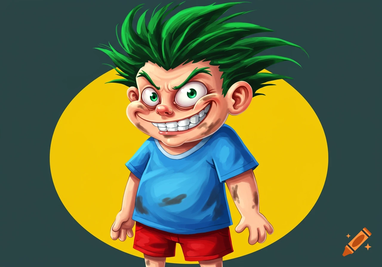 A cartoon boy with spiky green hair, wide eyes, a large mischievous grin, wearing a dirty blue shirt and red shorts.