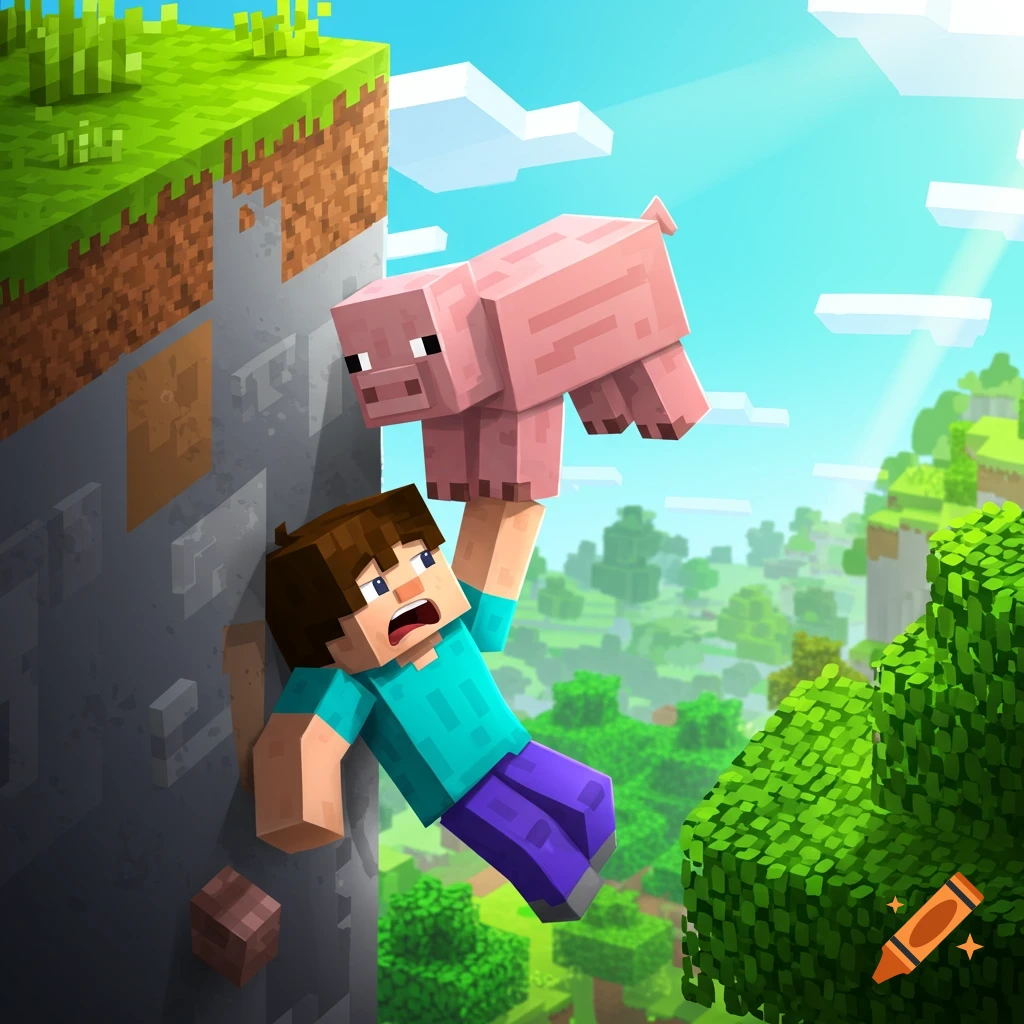 Minecraft character Steve hangs from a blocky cliff, looking scared as a pig hovers above him in a bright, blocky landscape.