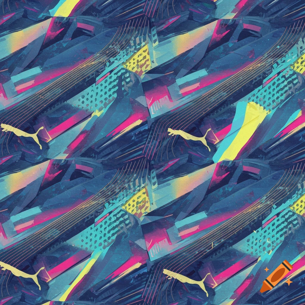 Abstract seamless pattern with dynamic blue, pink, and yellow brushstrokes and stylized gold Puma-like logos.