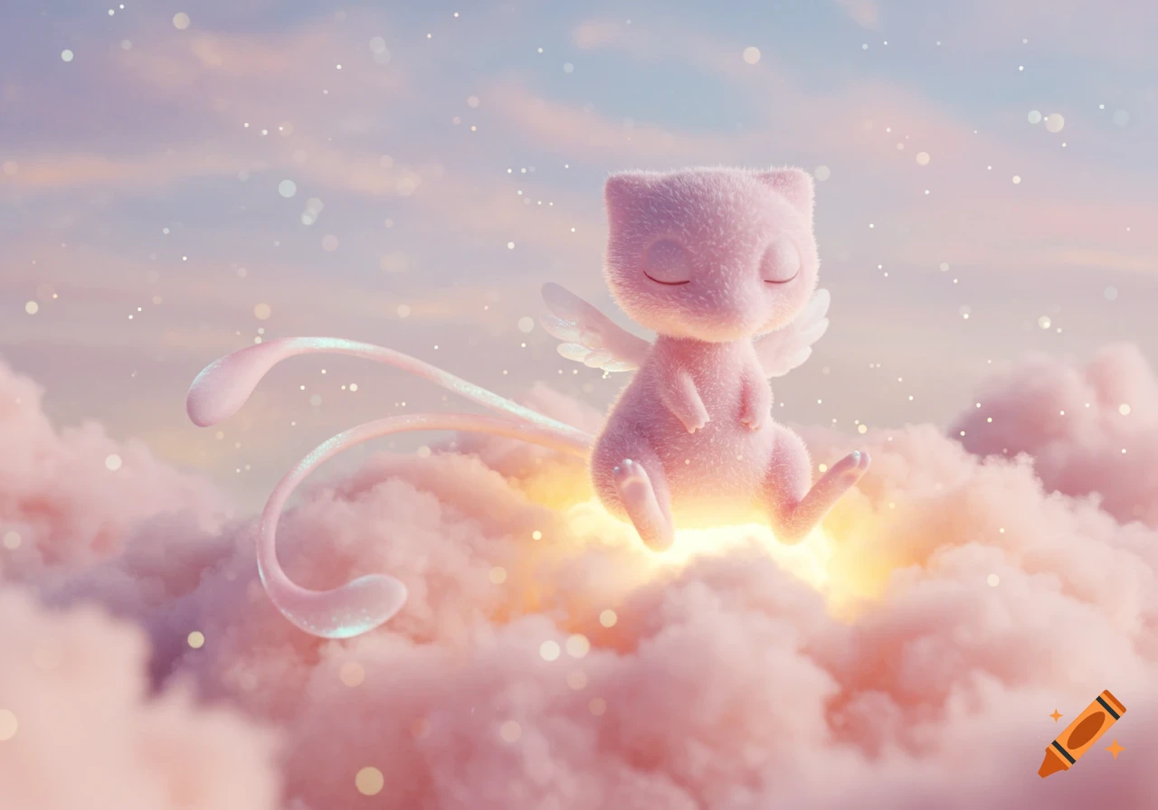 A fluffy pink Mew-like creature with small wings sits on a glowing pink cloud in a pastel, starry sky, meditating.