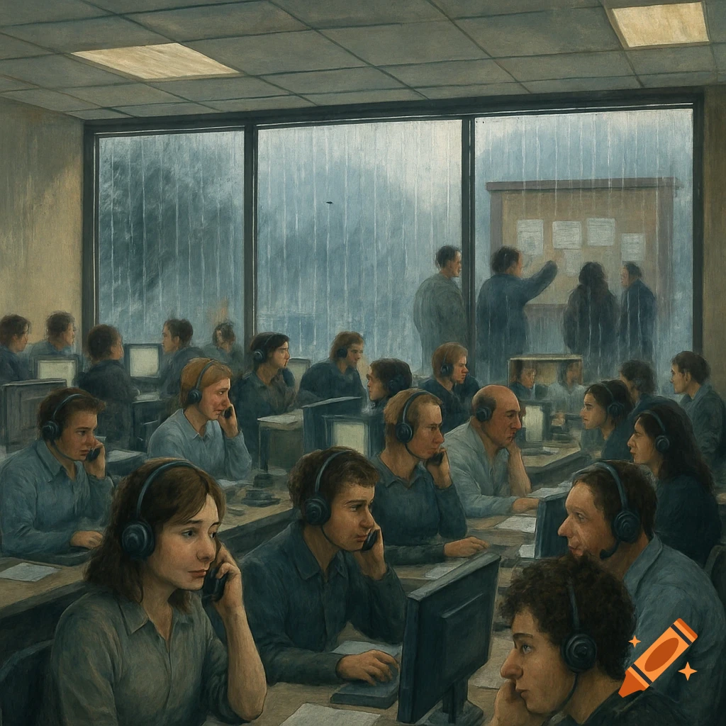 An office call center with many people wearing headsets and working at desks, with a rainy street visible through large windows.