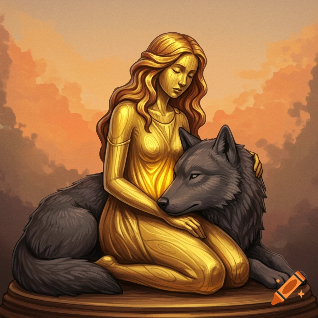 A golden wood statue of a kneeling woman with long wavy hair and a grey wolf resting its head in her lap, against a cloudy orange sky.