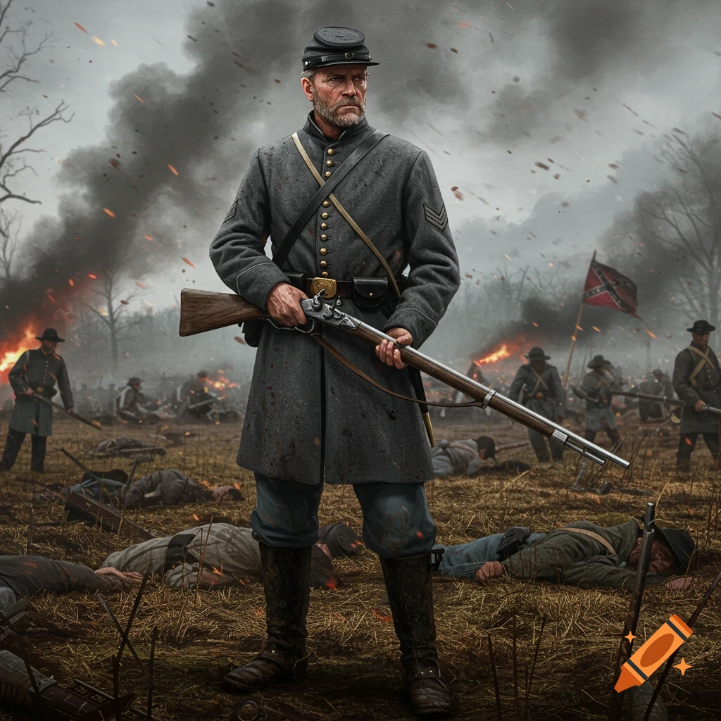 A stoic Confederate soldier in uniform stands holding a rifle on a smoke-filled battlefield amidst fallen soldiers and distant fighting.