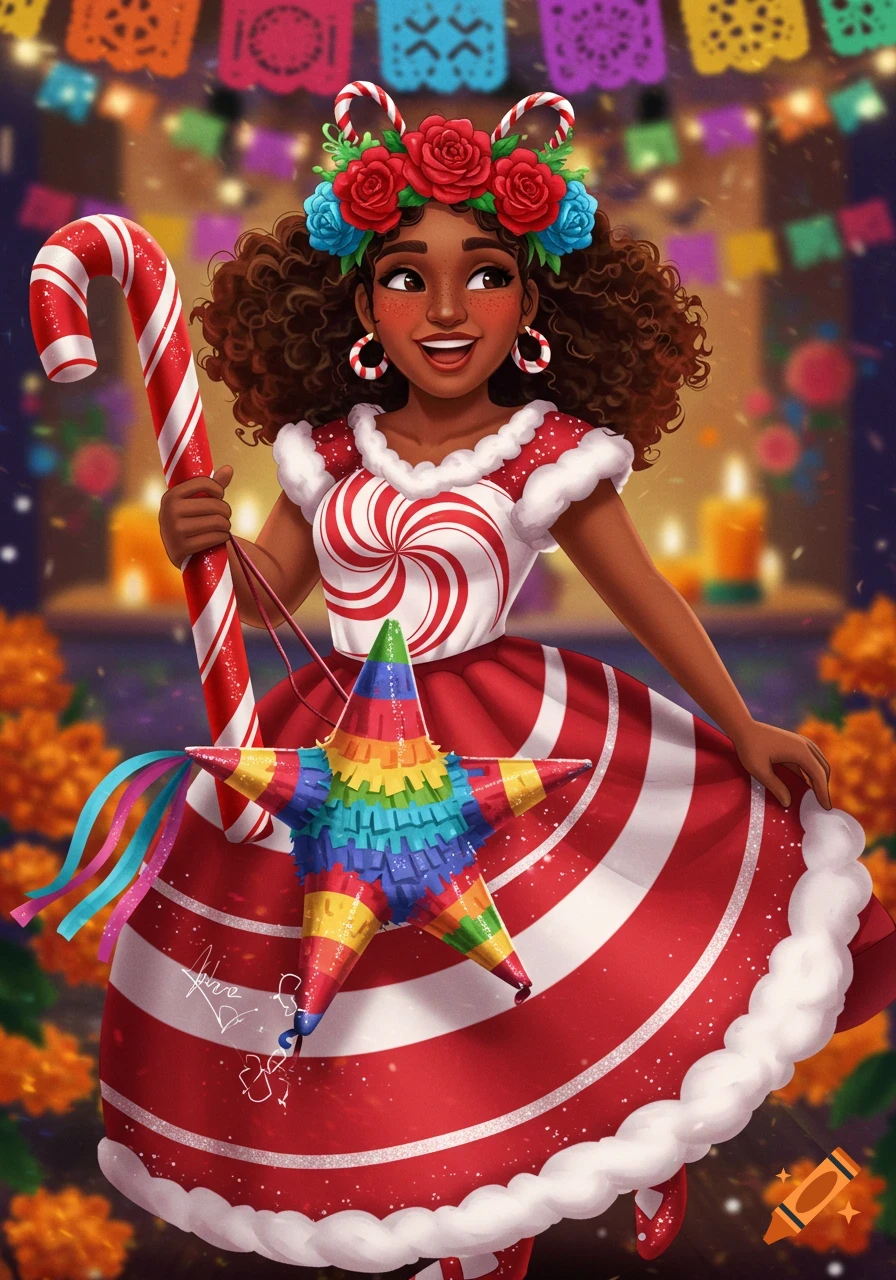 A happy Mexican woman in a candy cane dress holds a large candy cane staff and a colorful star pi despite background with papel picado.