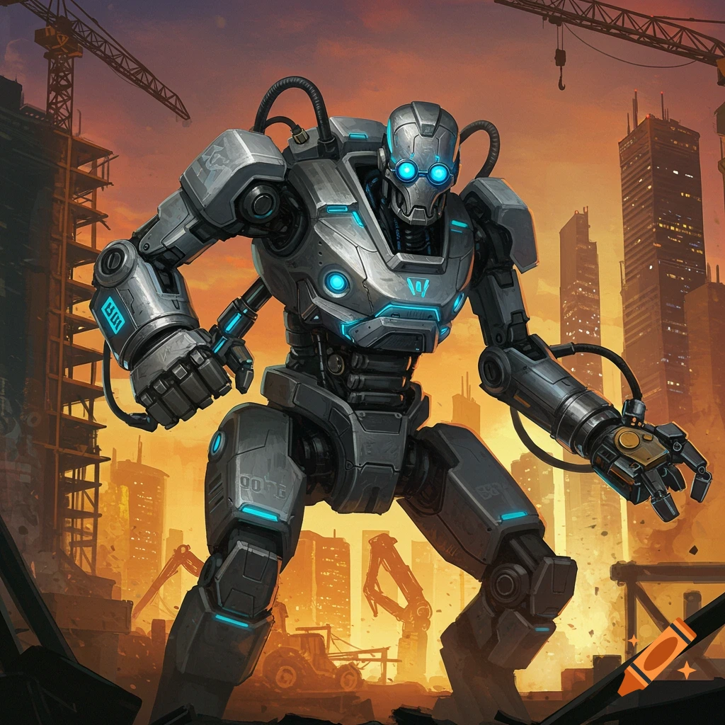 A large, metallic construction robot with glowing blue lights stands amidst a city construction site at sunset, with cranes and buildings in the background. The art style is detailed and vibrant.
