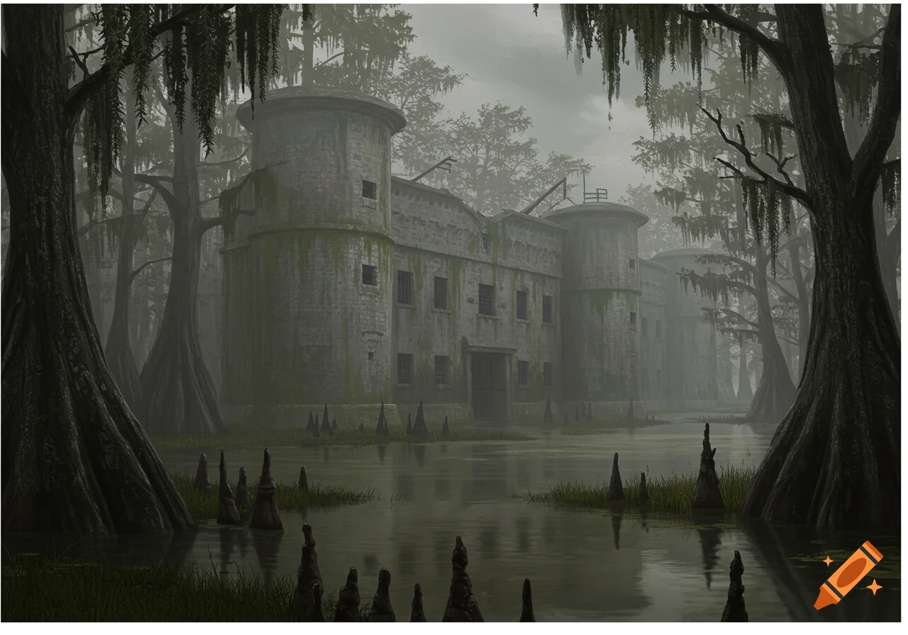 An old, moss-covered stone fortress stands in a misty swamp with tall cypress trees.