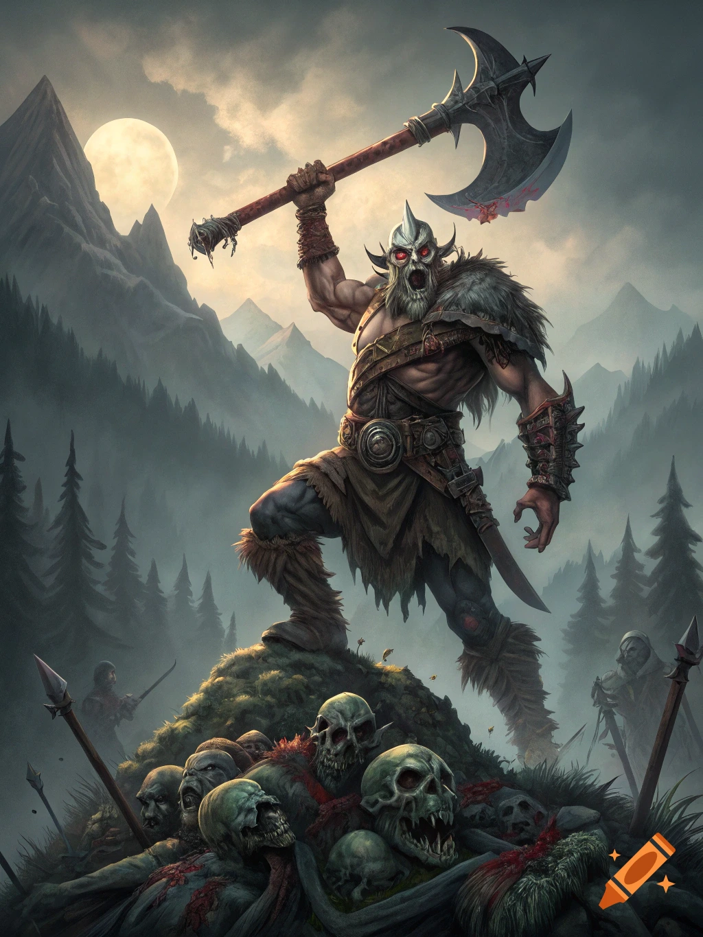 An undead dwarf barbarian with glowing red eyes raises a bloody greataxe on a mound of zombie skulls under a full moon in a misty mountain forest.