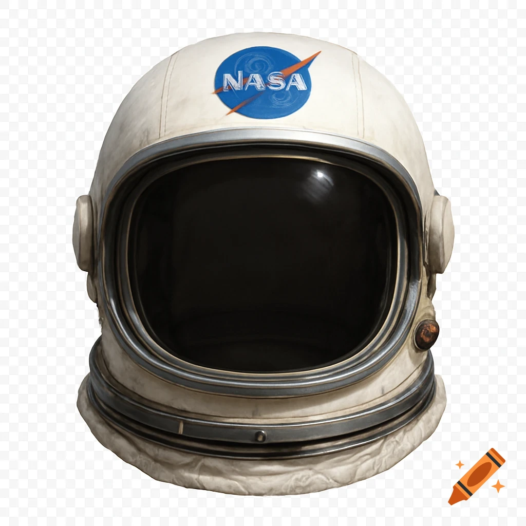 A detailed, front-on, photorealistic image of an old white astronaut helmet with a NASA logo, on a transparent background.