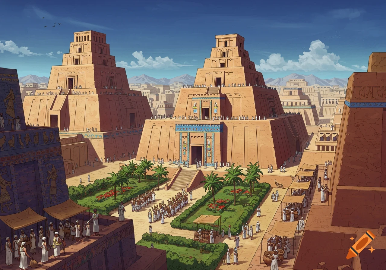 A vibrant ancient city with large stepped pyramids, bustling markets, and people under a blue sky, in a detailed illustration style.