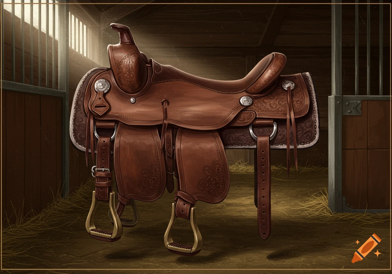 A detailed brown leather western horse saddle bathed in sunlight inside a stable.