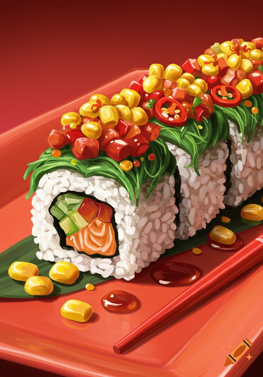 Stylized illustration of sushi rolls with corn and red toppings on a red plate, with chopsticks.