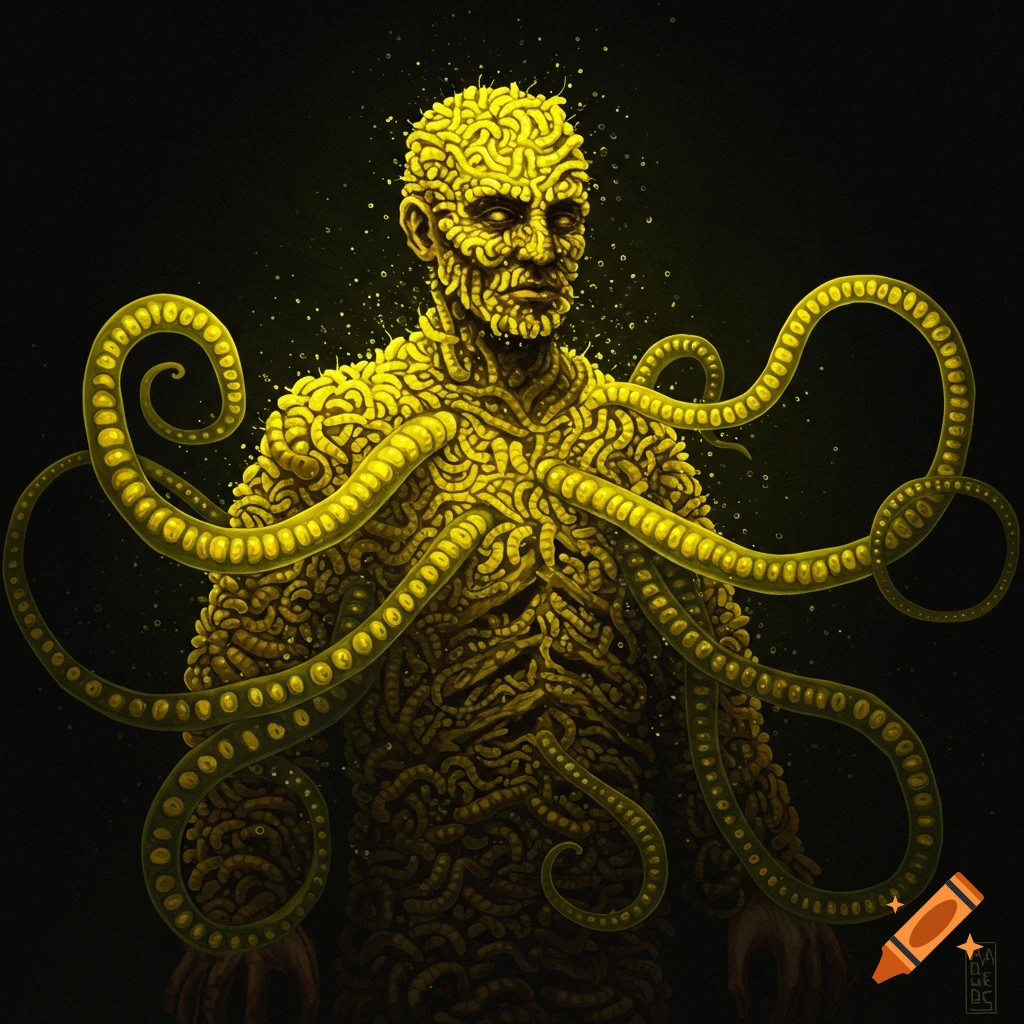 A man's body covered in glowing yellow worm-like creatures, with tentacles emerging against a dark background.
