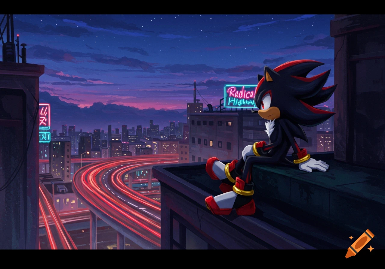 Shadow the Hedgehog sits on a building rooftop, gazing at a vibrant neon city and a busy highway at night in an anime style.