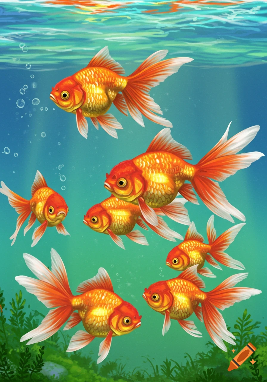 Several vibrant orange goldfish with flowing white fins swim gracefully in clear blue-green water, with bubbles and green plants below.
