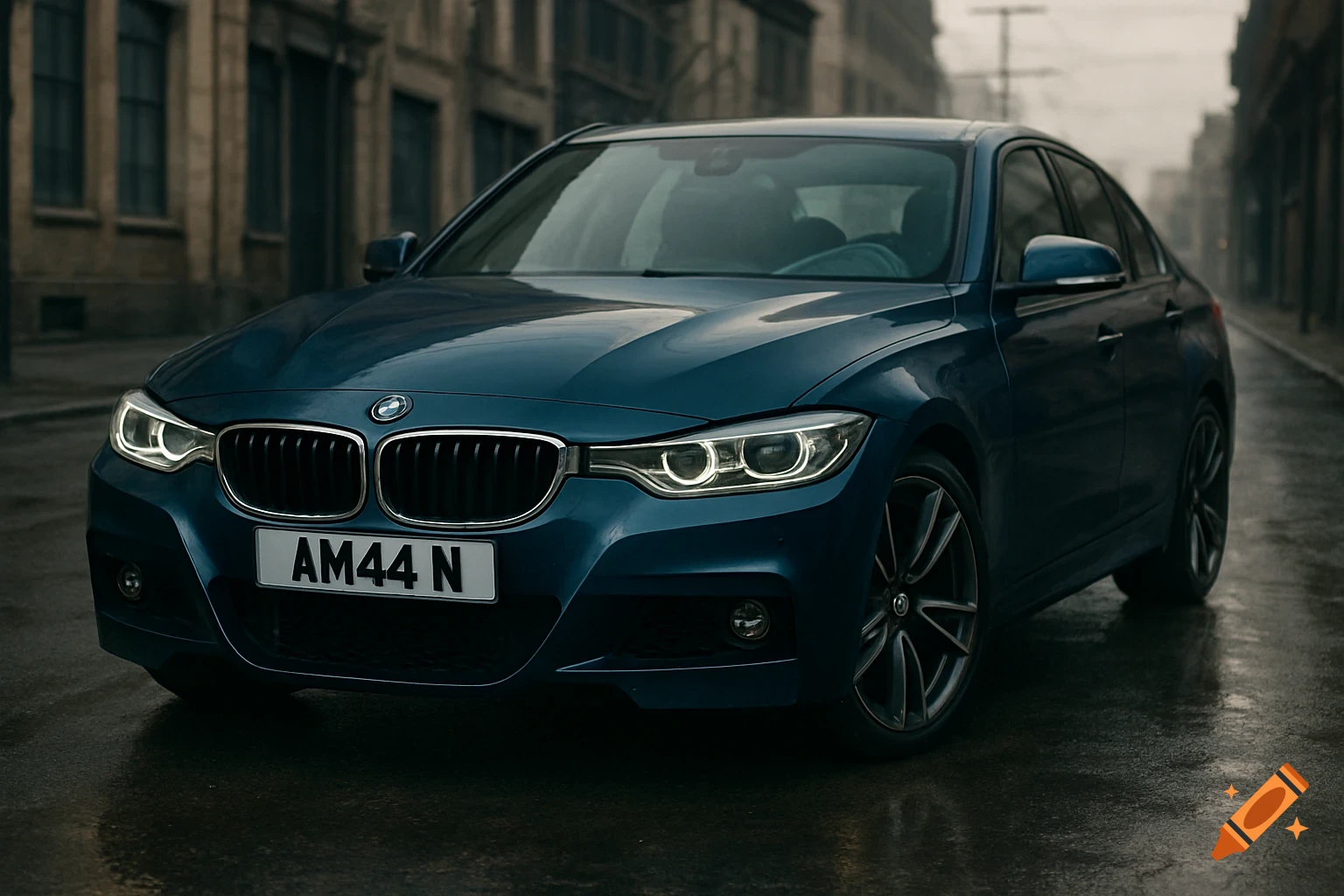 A photorealistic shot of a dark blue BMW car with license plate AM44 N on a wet street.