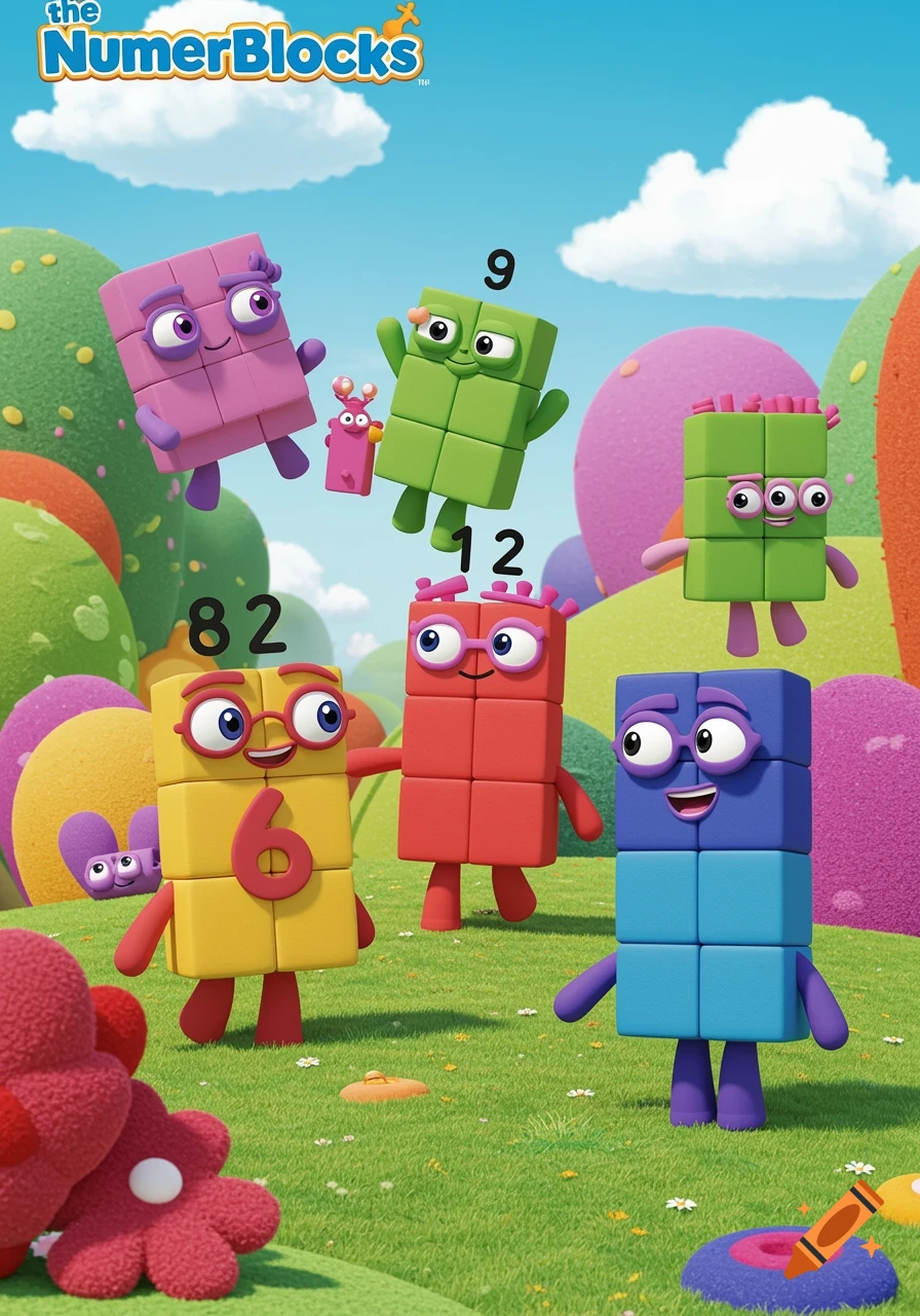 Colorful block characters from the show Numberblocks stand on green grass with floating numbers and the show's logo.