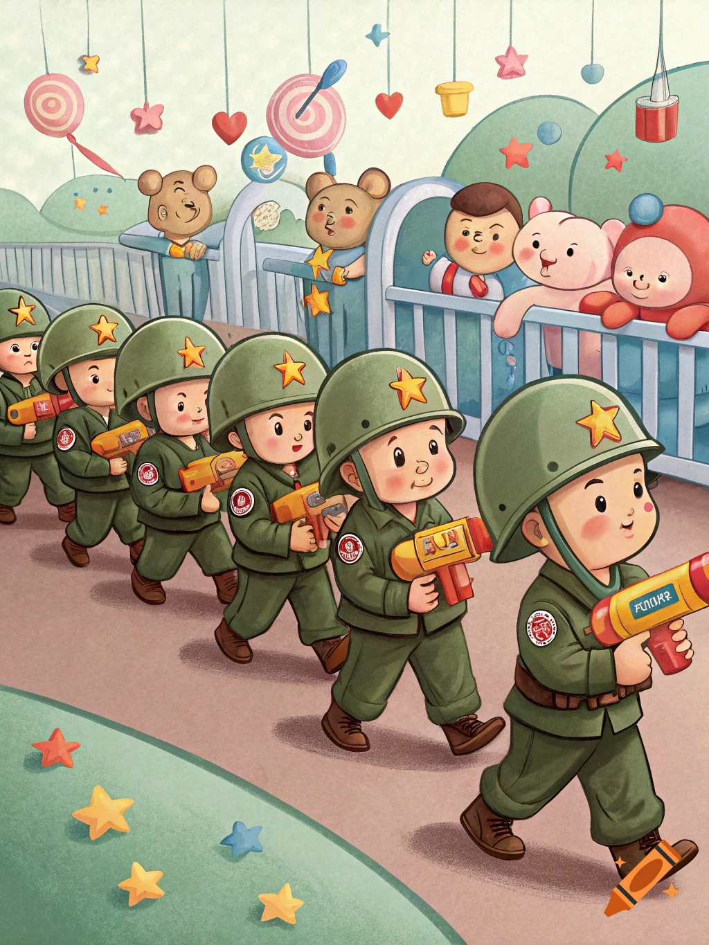 Cartoon babies in green military uniforms marching with colorful toy guns, watched by plush toys from cribs.