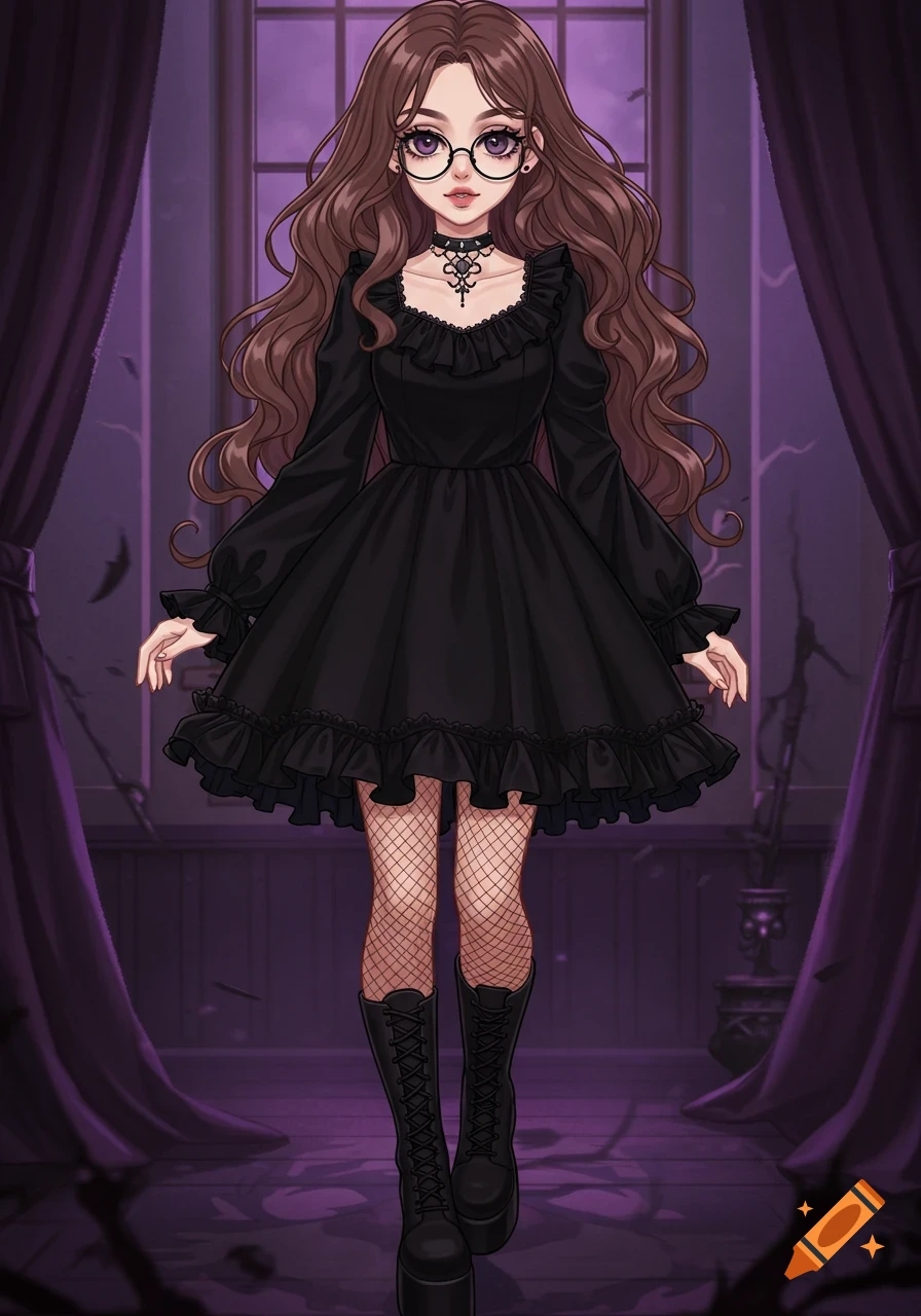 A full-body anime girl with long brown hair, round glasses, and a septum piercing. She wears a black ruffled dress, fishnet stockings, and platform boots, standing in a dim purple room.