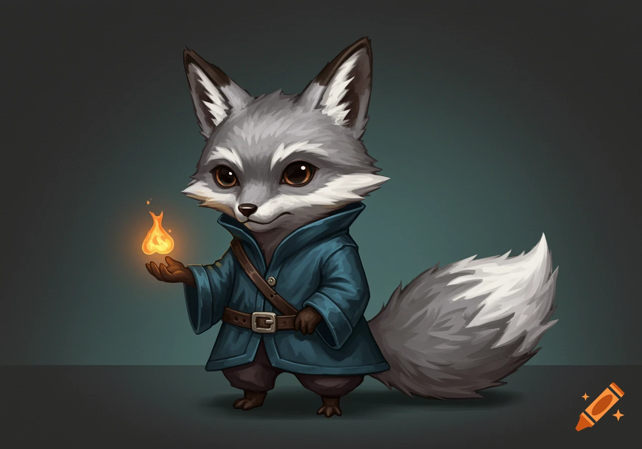 A cute, grey and white fox-like character in a blue cloak holds a small glowing flame.
