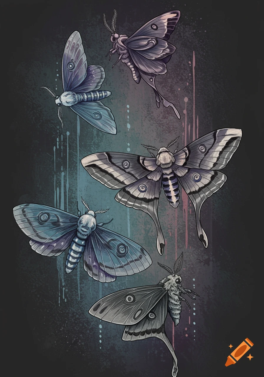Five illustrative moths in various flight poses, arranged vertically on a dark background with blue and pink paint drips.